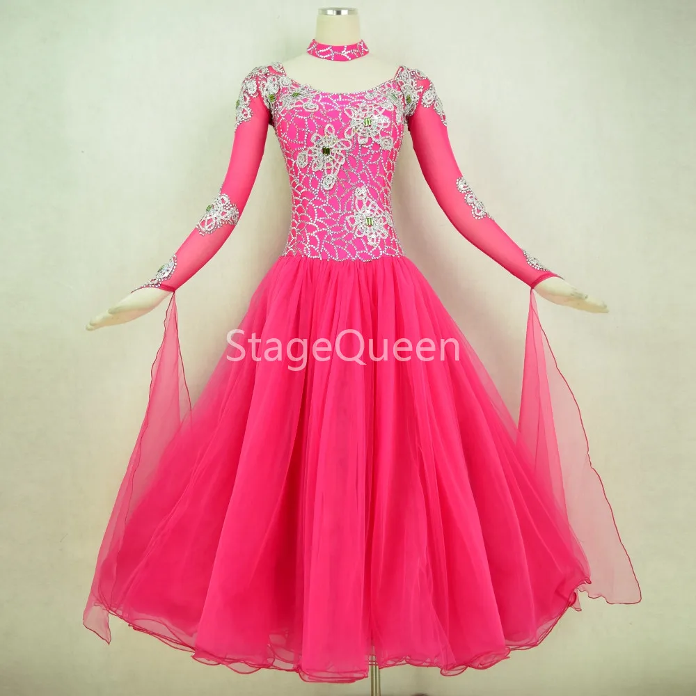 Rose Custom Rhinestones Standard Ballroom Dresses Girls Long Sleeve Dancing Costume Adult Waltz Ballroom Competition Dance Dress