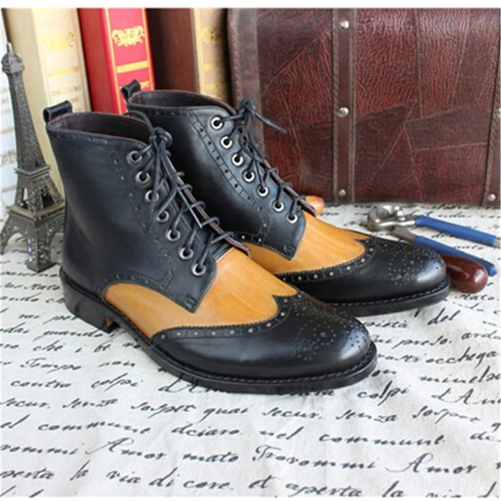 MALONEDE Bespoke High Quality 100% Genuine Leather Brogue Style Handmade Goodyear Formal Dress Short Boots