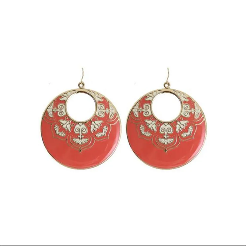 Dia 5.8cm 19g/pair Ethnic local enamel pink Boho round circle dangle earrings for women party wedding gifts fj737