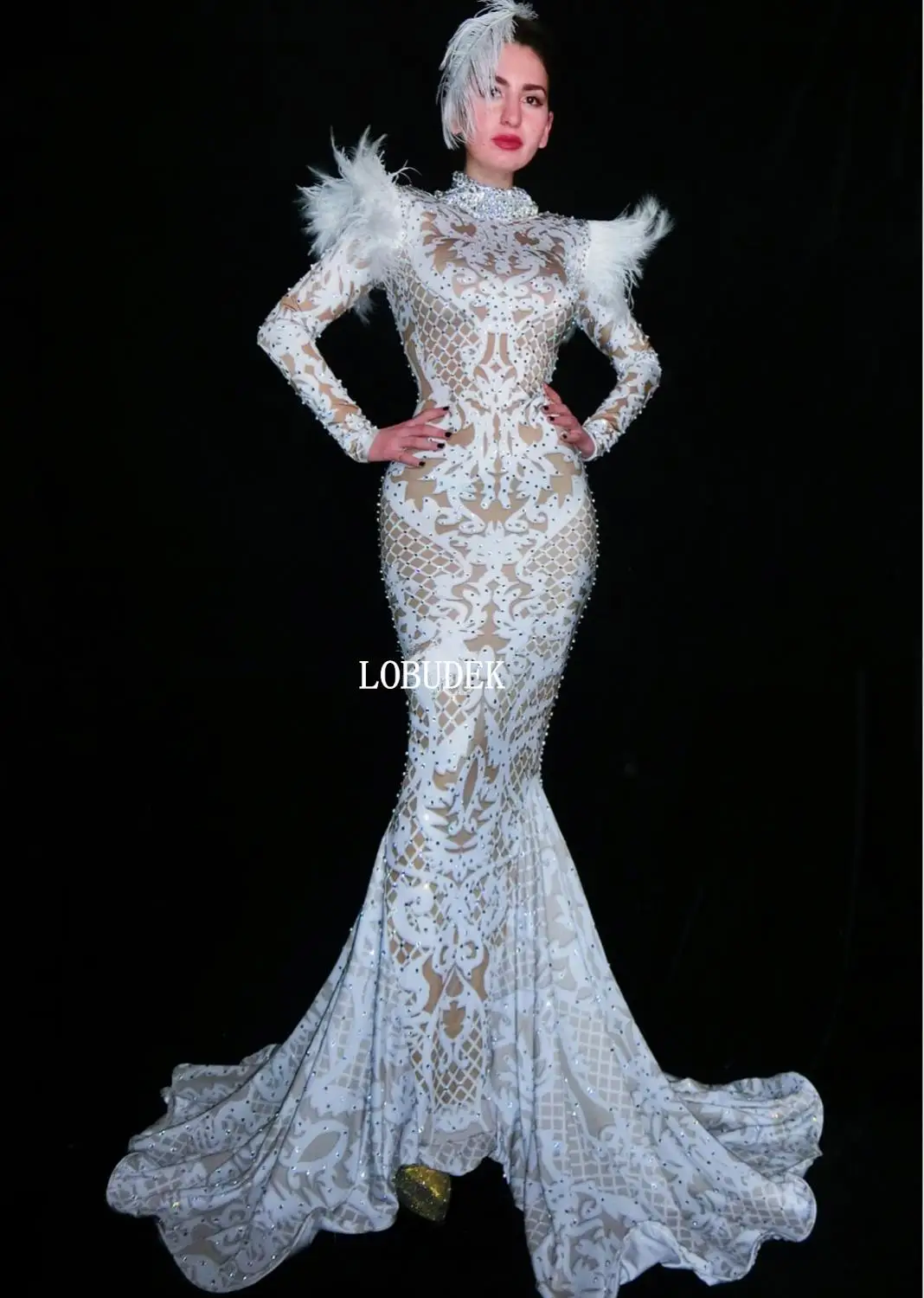 White Feathers Shining Rhinestones Trailing Dress Host Performance Long Dress Birthday Party Dresses Stage Models Catwalk Dress