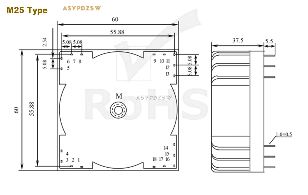 25VA الأخضر مربع 25W مختومة حلقية المحولات M25-02 الناتج الجهد AC المزدوج 9V(2*9V)