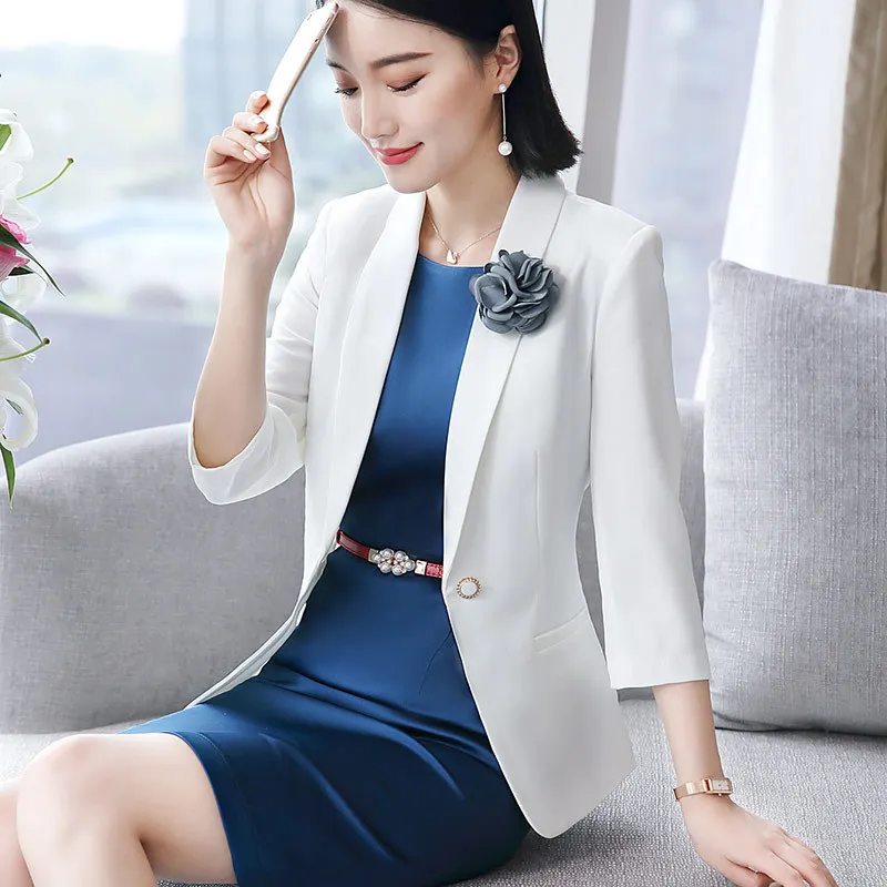 IZICFLY New Style Summer White Top Professional Office Wear For Women Suits With Blazer Dress Blue Uniform Business Work Wear