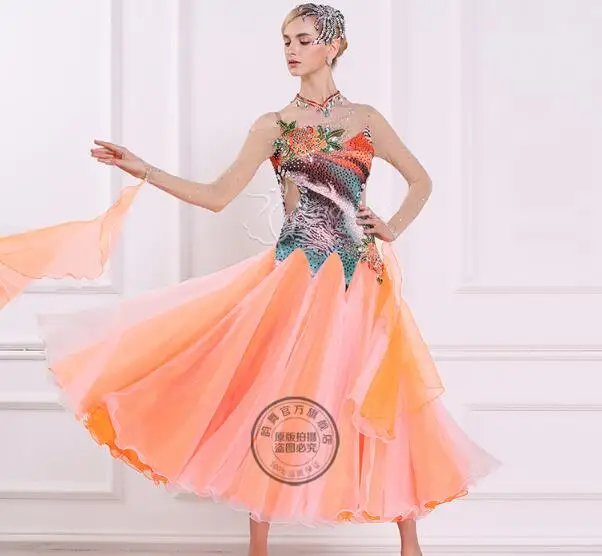 

customize High quality orange adult Ballroom Fox trot Quick step tango Modern Waltz competition Dance Stage Dance Dress leopard