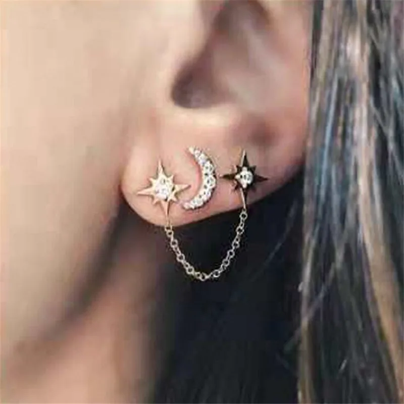 Pendiente de estrella E305, dulce y encantadora cadena de Luna y estrella, pendiente de gota de aleación de diamantes de imitación, joyería original con personalidad al por mayor