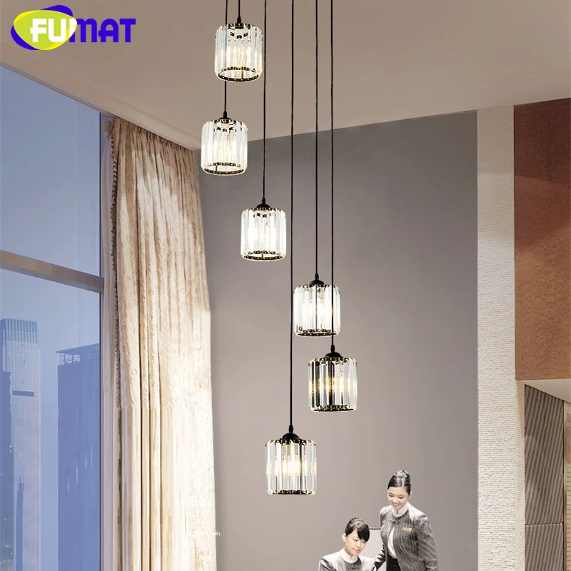FUMAT Crystal K9 Stairs Rotation Ceiling Lamps Chandelier Lighting Hanging Lights LED Fixture American Modern Style Villa Stairs