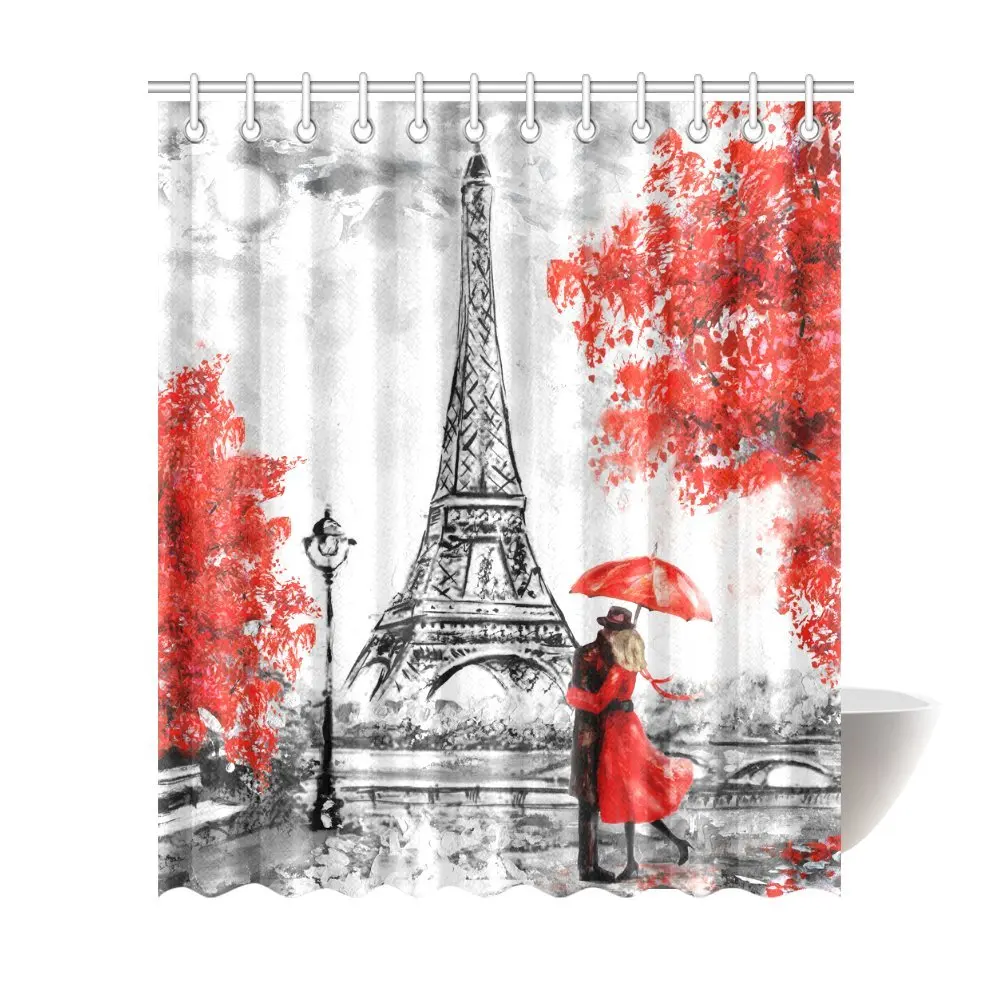 Elegant Paris Tower Couple Red Umbrella Trees Waterproof Polyester Bathroom Shower Curtain