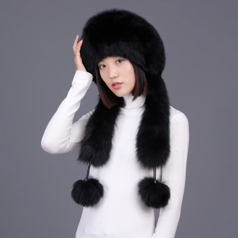 Russian fur hats for women winter natural fox fur &rex rabbit fur caps with earflap & fur pom pom warm thicken scarf  H151