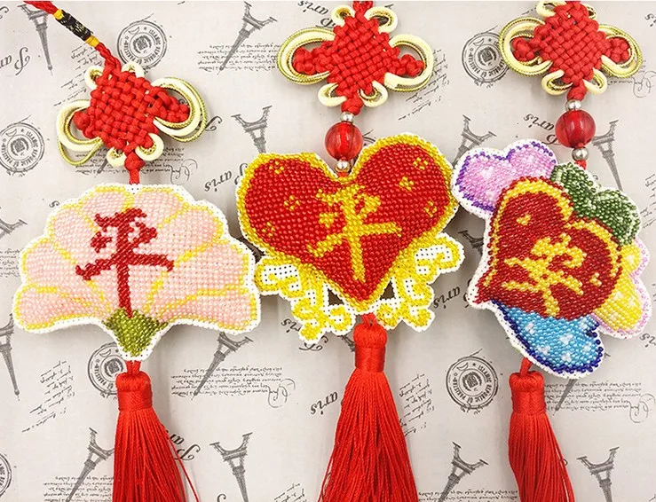 Peace lucky bead cross stitch kit printed 14ct plastic canvas DIY handmade craft needlework Chinese style Car Pendant tassel