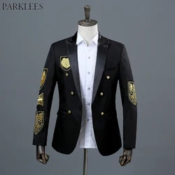 Fato preto bordado medalha de ouro masculino, blazer masculino, trespassado duplo, blazer militar, baile de baile, show, traje de cantor, homme, jaqueta, xl