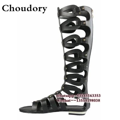 Luxury Brand Designer Knee High Gladiator Sandals Boots Cutouts Back zipper Wedges Gladiator Sandals Women Summer Flat Shoes