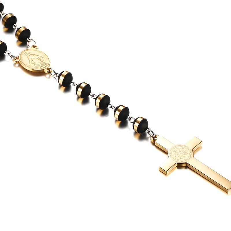 Vnox Black Gold Color Beads Long Rosary Necklace for Women Men Stainless Steel St Benedict Cross Pendant Sweater Chain Unisex