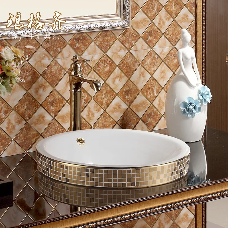 Chinese Gold Mosaic Ceramic Round Semi Countertop Bathroom Sink Art Basin With Overflow sinks bathroom porcelain