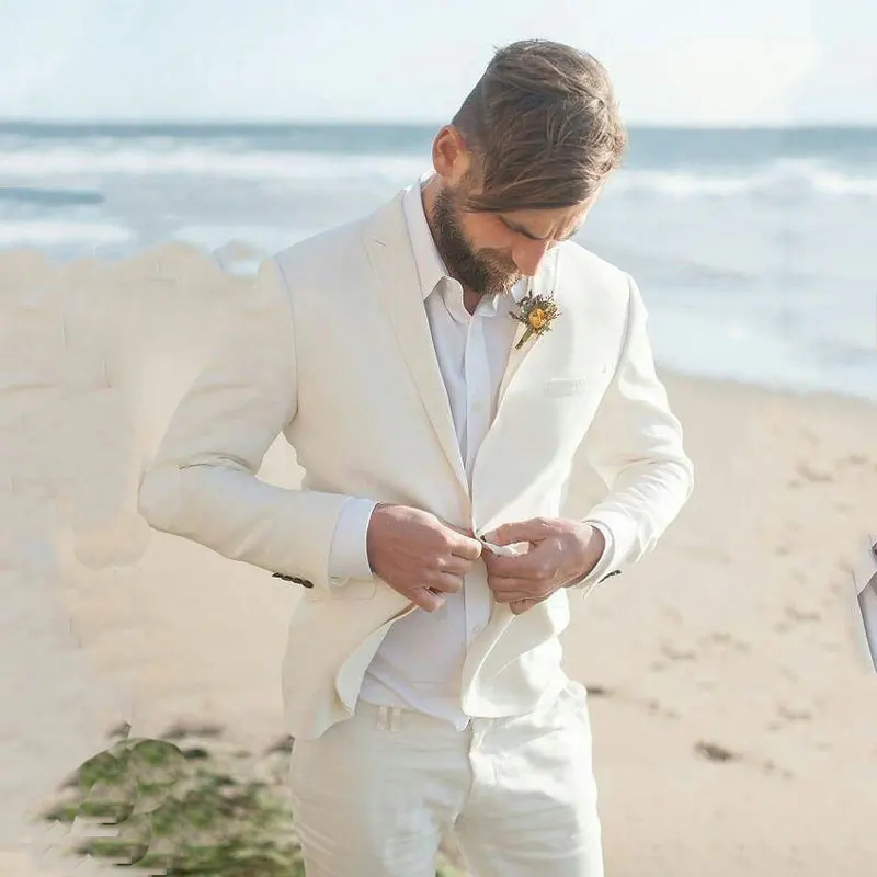 

Ivory Linen Men Beach Wedding Suits Groom Wedding Suit Groomsmen Tuxedo Man Blazers Slim Fit Terno Masculino 2 Piece Coat Pants