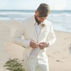 Marfim linho masculino praia ternos de casamento do noivo terno do casamento padrinhos smoking homem blazers ajuste fino terno masculino 2 peça casaco calças