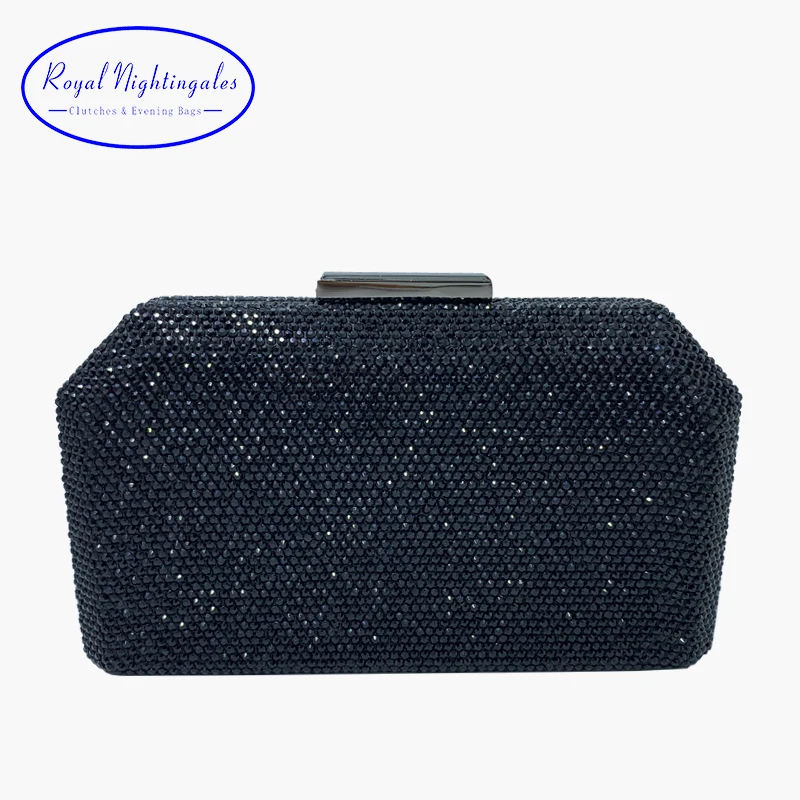 

RN New Rhinestone Party Clutch Metal Hard Box Clutch Bag With Chain Evening Handbags Crystal Evening Clutch Bags Black