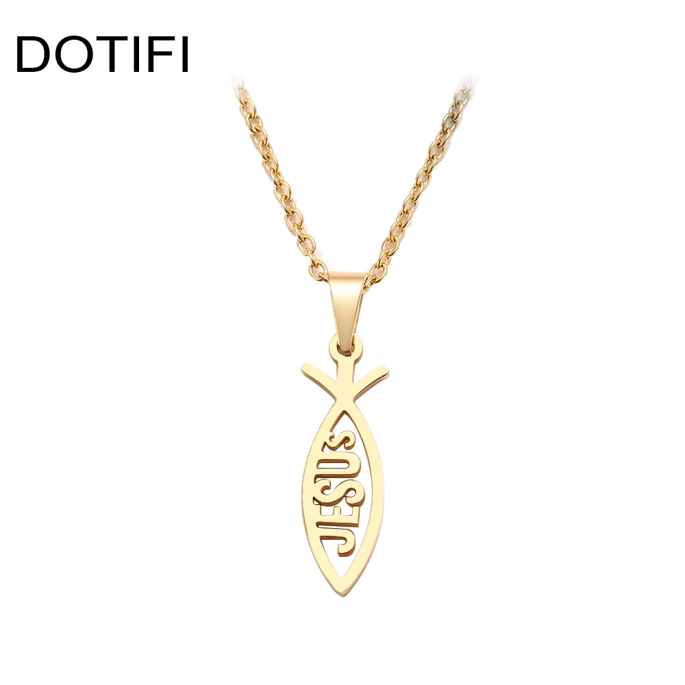 DOTIFI  Stainless Steel Necklace For Women Man Lover's Sharp Jesus Fish Shape Color Pendant Necklace Engagement Jewelry