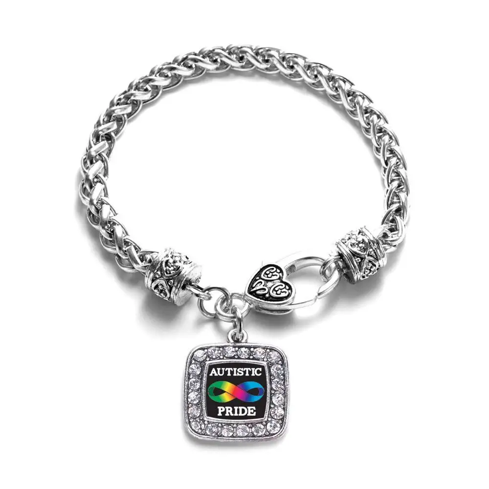 AUTISTIC PRIDE SQUARE CHARM ANTIQUE SILVER PLATED CRYSTAL JEWELRY