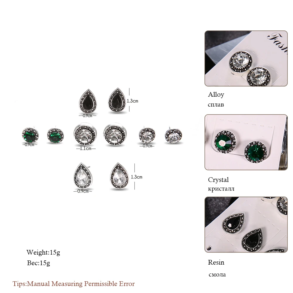 Meyfflin Women Crystal Earrings for Women Boucle D'oreille Jewelry Bohemian Stud Earring Set Green Droplets Brincos 5 Pairs