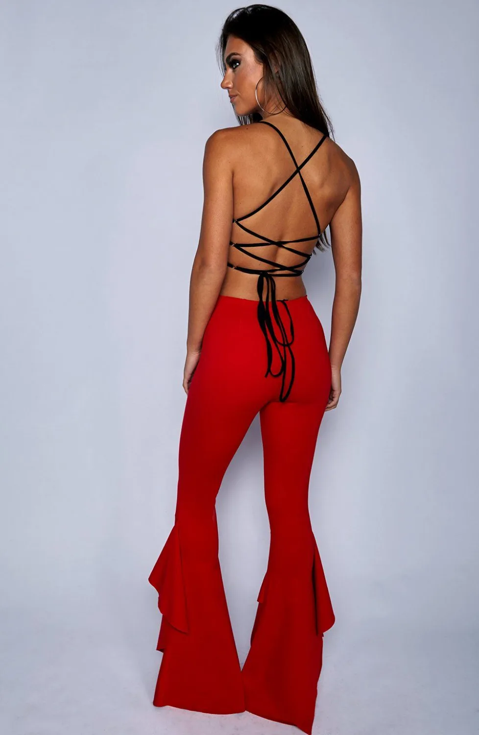 Hippie Women Enthusiastic Red Ruffles Slim Flare Pants Elastic Bottom 2023 Fashion Summer New Wide Leg Trouser Elegant Clothing
