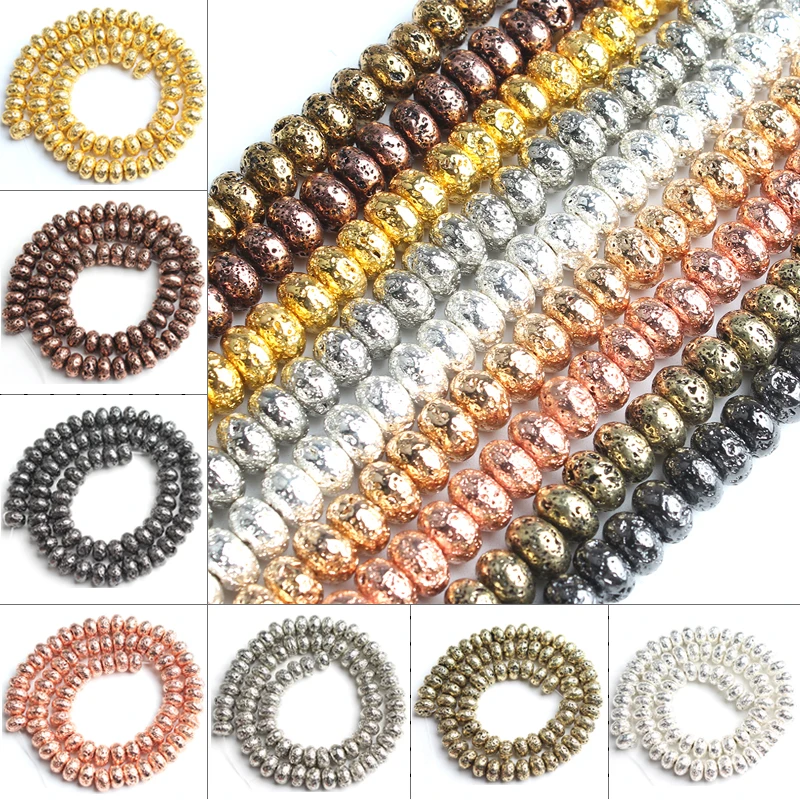 Natural Lava Volcanic Stone Rose Gold Black Silver Plated Flat Shape Loose Beads For Jewelry Making DIY Bracelets 15\'\' 6/8/10mm
