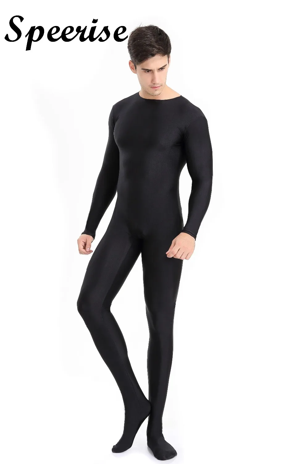 Speerise Heren Full Body Spandex Zentai Pak Zwart Lange Mouw Unitard Volwassen Rits Terug Betaalde Cosplay Bodysuit Kostuums