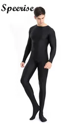 Speerise masculino corpo inteiro elastano zentai terno preto manga longa unitard adulto zíper volta footed cosplay bodysuit trajes