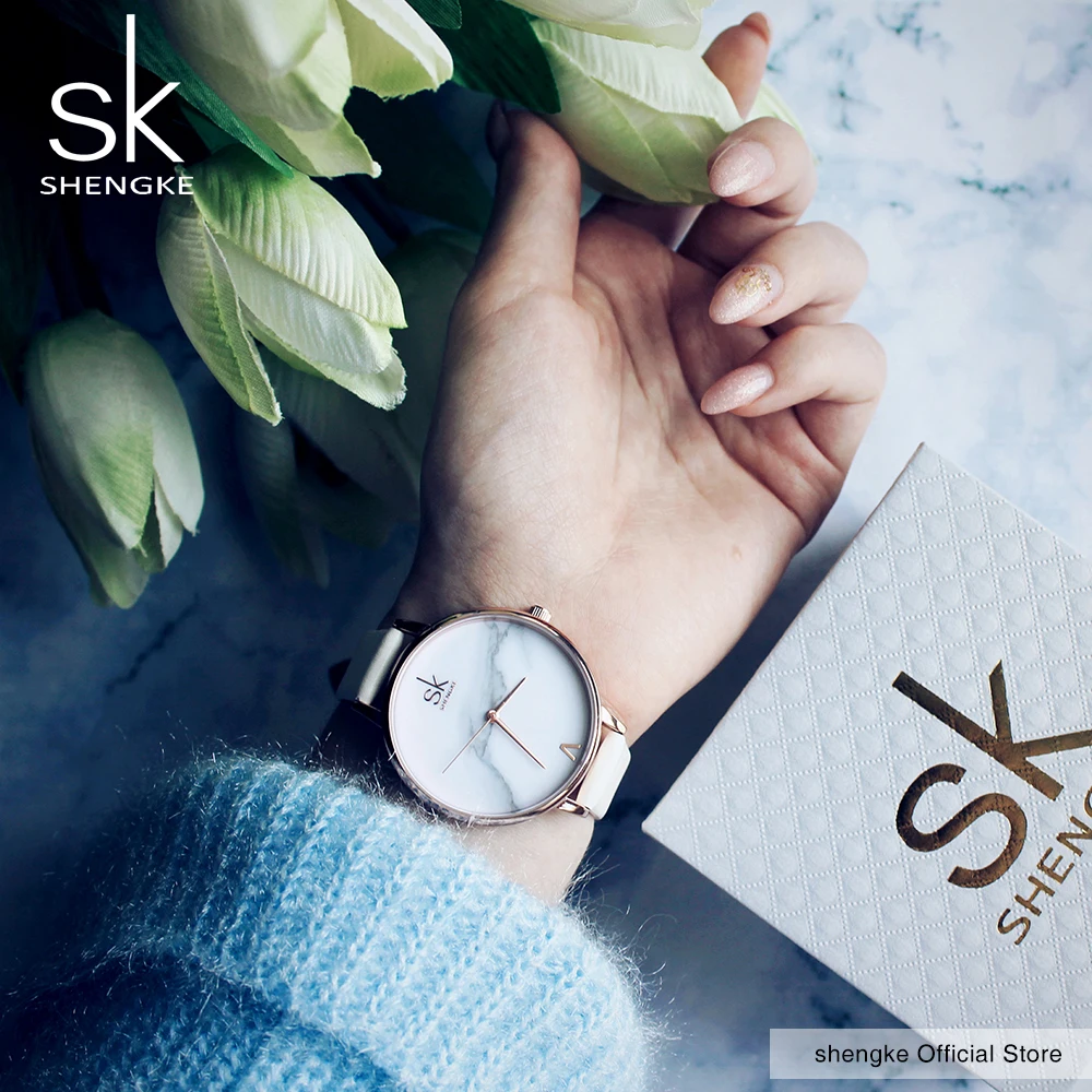 Shengke-relojes de cuero de cuarzo para Mujer, pulsera fina con correa informal, esfera de mármol, SK