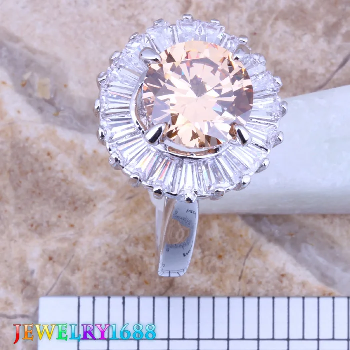 Delightful Champagne Morganite White CZ Silver Plated Ring Size 6 / 7 D530