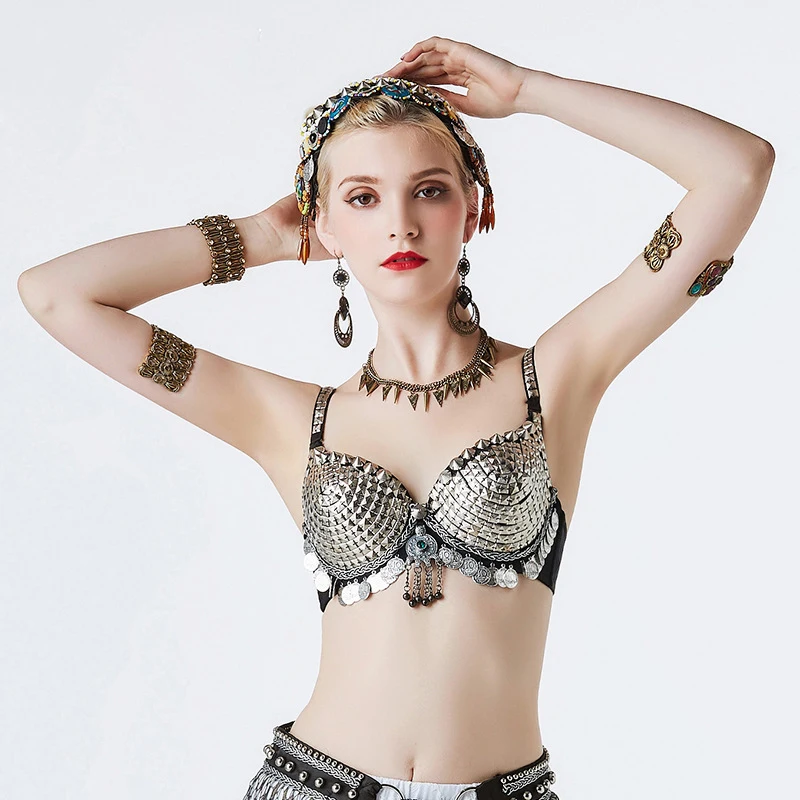 Vintage Dancewear Silver Chain Metallic Studs Bra B/C CUP Vintage Coins Bra Gypsy Dance Tops Tribal Belly Dance Bra