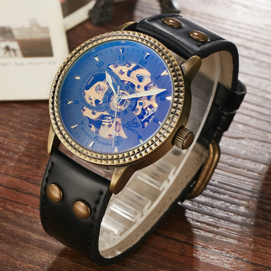 Retro Top Brand Luxury Mechanical Men Watch Leather Strap Vintage Skeleton Automatic Male Wristwatch Clock Relogio Masculino New