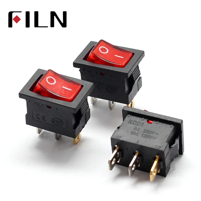 FILN 5Pcs 3 pins on off 13x19mm mini rocker switch in 220v red lighting 6a250vac kcd1-101 mirs-101