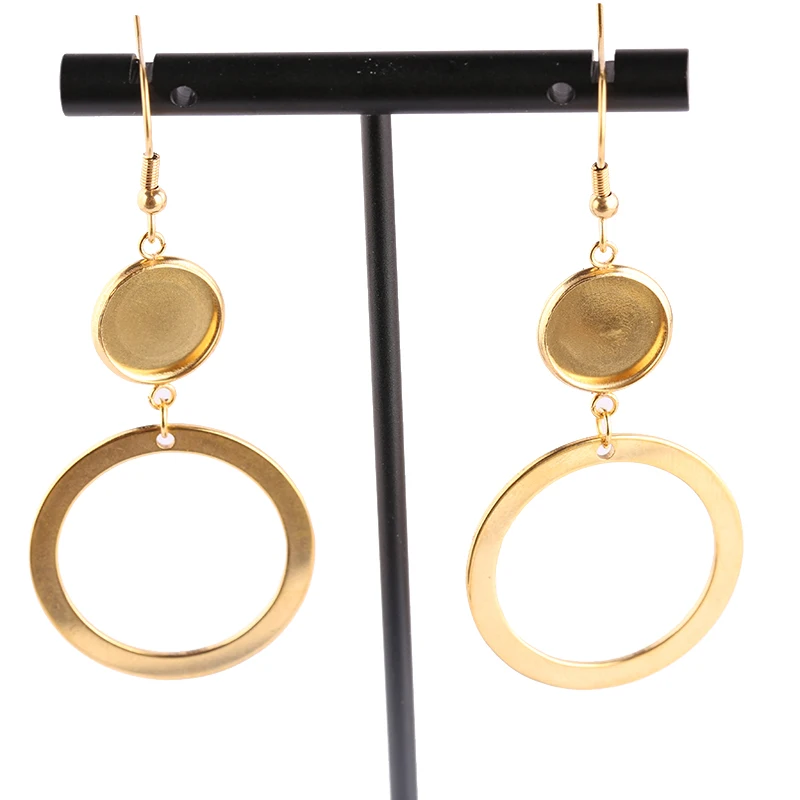 6pcs Stainless Steel Gold Plated Fit 12mm Cabochon Earring Base Blanks With Hoop Charms Diy Bezel Settings For Jewerly Making