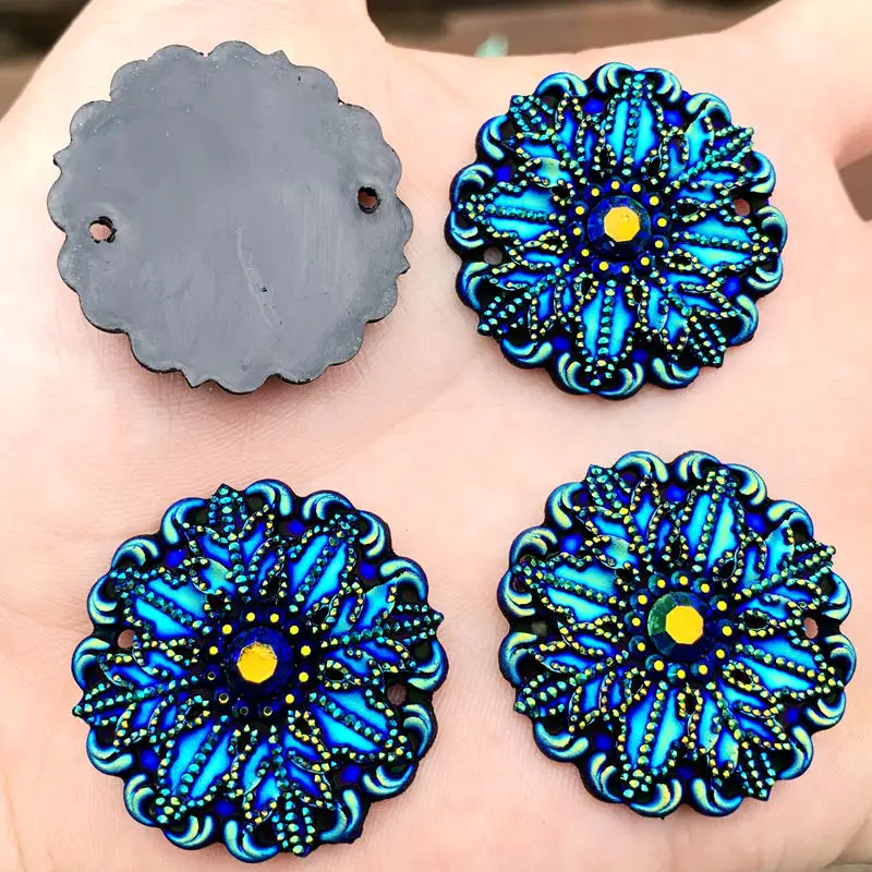 4pcs Round & Flower Powwow Flat Back Resin Rhinestone Stones and black AB Gems For DIY Costume Button Crafts 35mm -S03