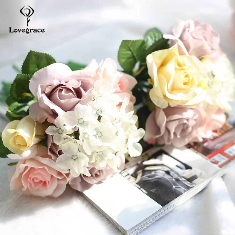 Lovegrace  Artificial Silk Hydrangea Peony Ranunculus Posy Flowers Wedding Bouquet Home Decoration Handmade Wedding Accessories