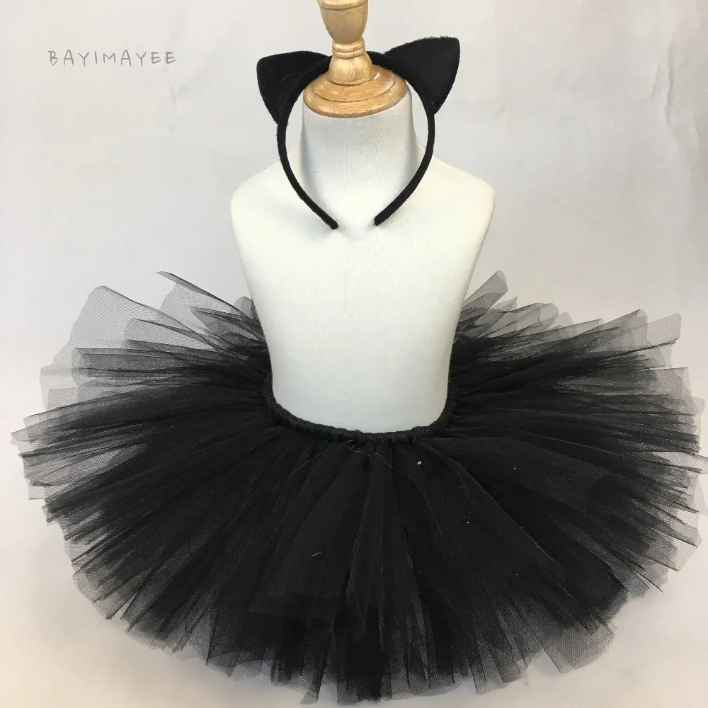 Girls Black Cat Tutu Skirt Baby Handmade Fluffy Tulle Ballet Pettiskirts with Hairbow Set Kids Party Skirt Costume Cosplay Cloth