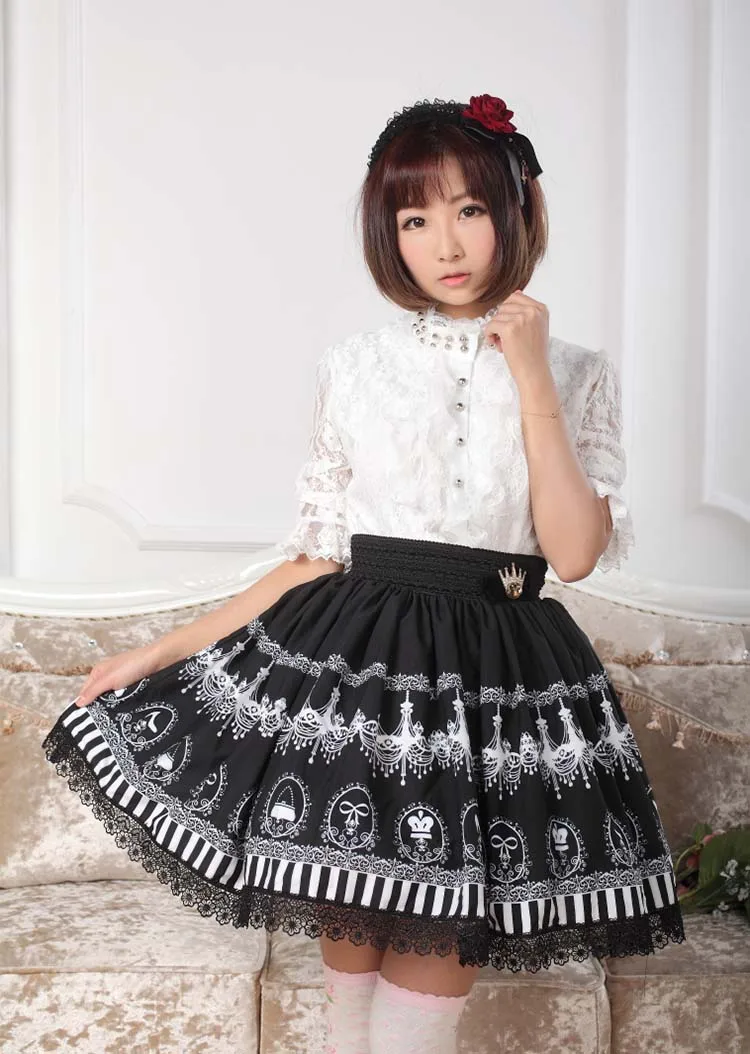 Women Lolita Skirts Custom Made Chandelier Print Vintage Pleated Lace Princess Pretty Female Elegant Short Above Knee Skirt