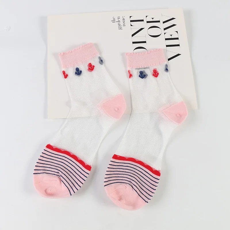 

DONG AI 5 Pairs Cotton Women Socks Transparent Crystal Glass Striped Comfy Sheer Spring Summer Ankle Sock Personality Socks