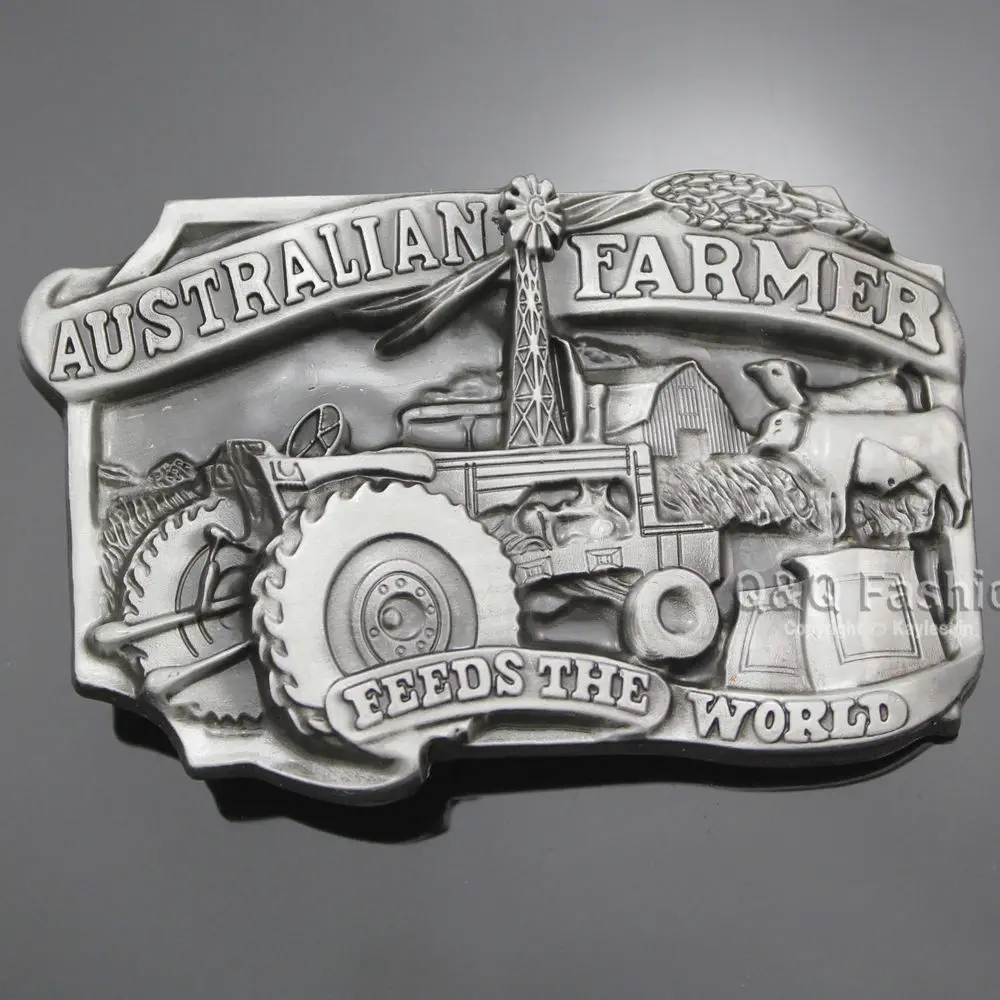 RechicGu Vintage Belt Buckle Silver Plated Farm Barn Tractor Cow Homestead Print Jewelry Fashion Man Accessories Gifts Wholesale