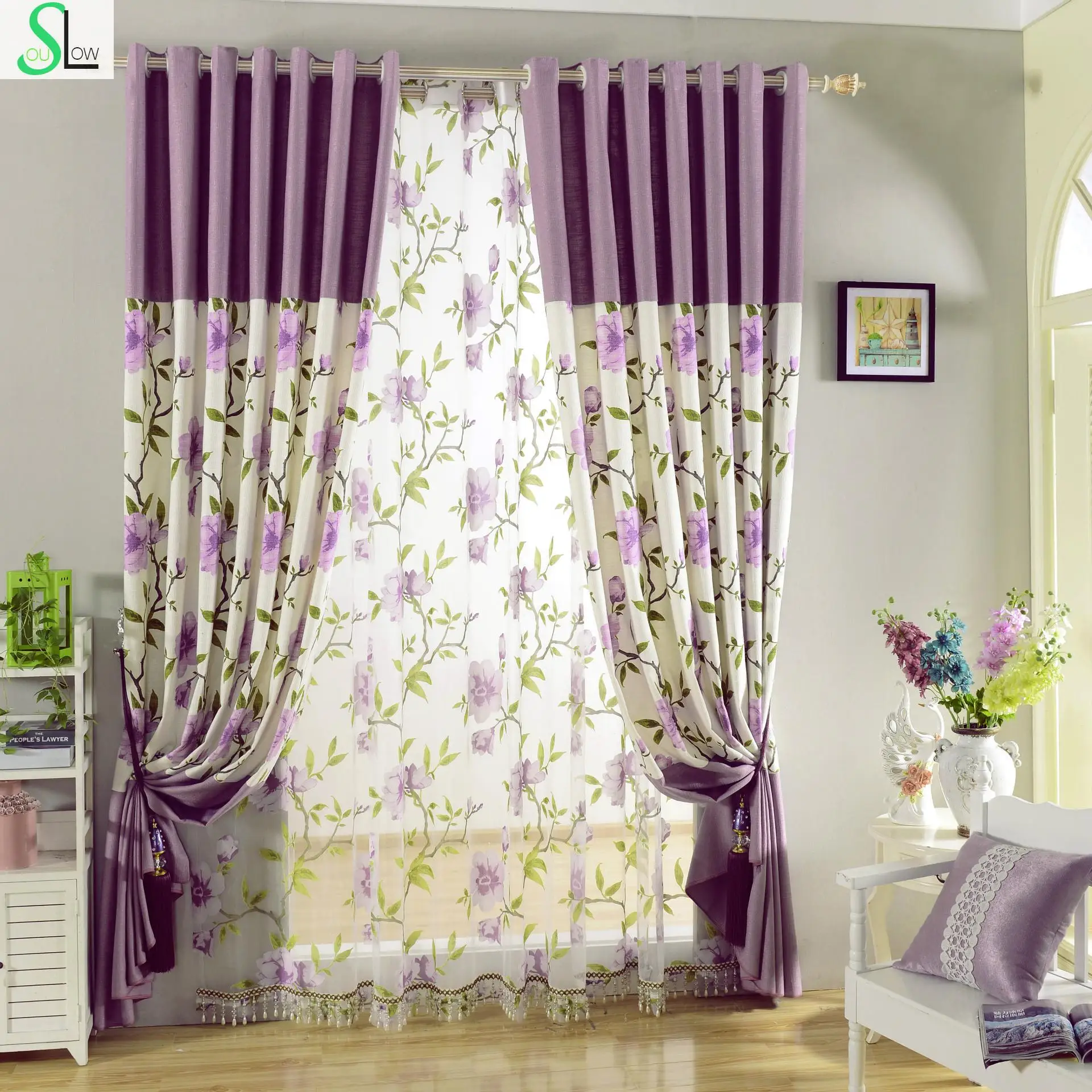 

Slow Soul Violet Fresh Cotton Shading Bedroom Curtain Cloth Pastoral Floral Tulle Curtains For Living Room Kitchen Linen Fabrics