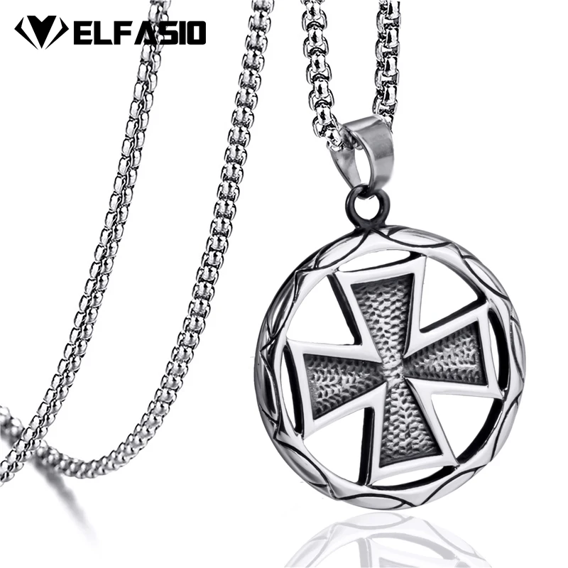 Elfasio Mens Stainless Steel Chain Large Heavy Iron Cross Double Sided  Pendant Necklace Custom length 45-90cm