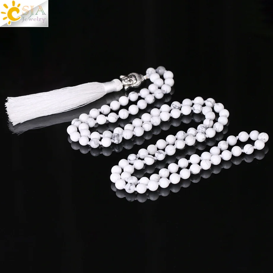 CSJA Tassel Necklace White Howlite Long Knotted Tribal Handmade Necklaces for Women Buddha Prayer 6mm Mala 108 Bead Jewelry F307