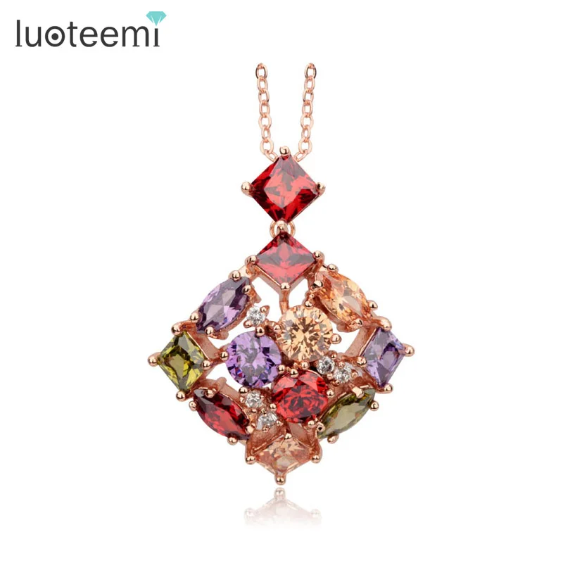 

LUOTEEMI New Fashion Women Square Colorful Zirconia Pendant Necklace Rose Gold-Color Anniversary Party Jewelry Christmas Gifts