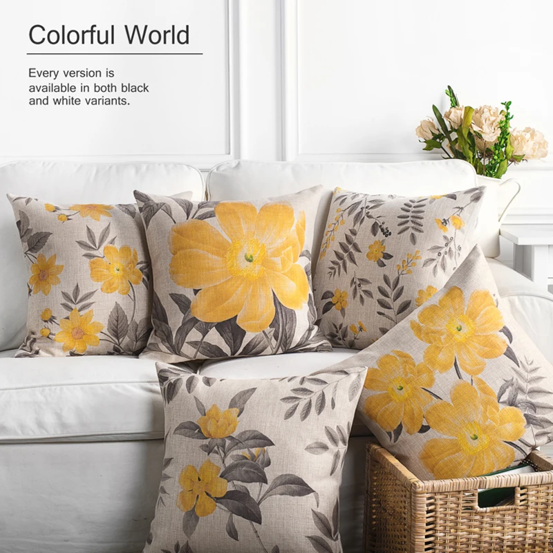 American Rural Yellow Gray Flowers Floral Cushion Pillow Cover Home Decorative PillowCase Office Sofa