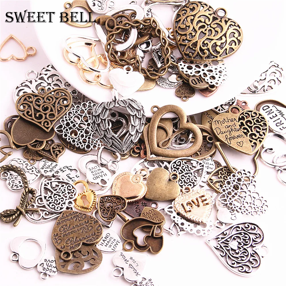 100pcs Vintage Metal Mixed Hearts Charms Fashion Retro Love Pendant For Jewelry Making Diy Handmade