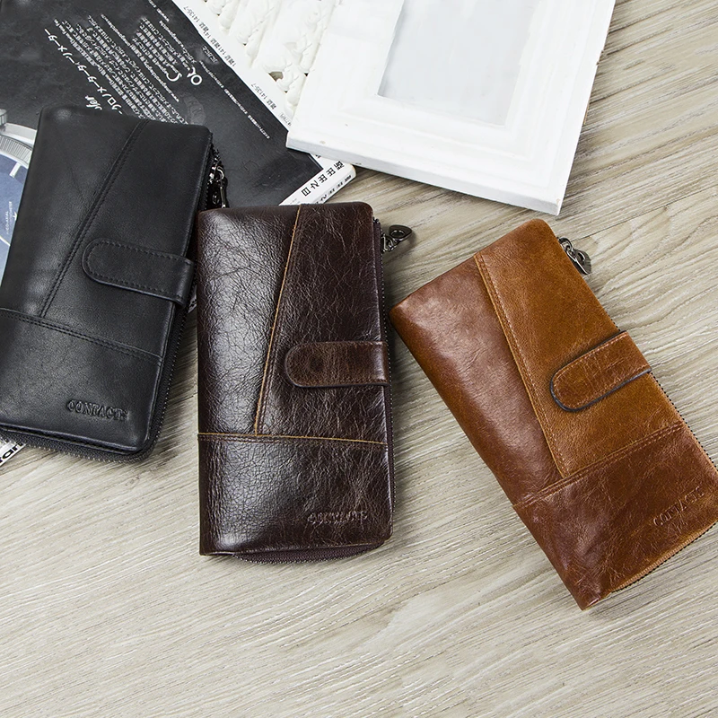 Contact\'s Brand Designer 100% Genuine Cow Leather Clutch Wallets Purse Card Holder Vintage Wallet Men with Coin Purse Pocket