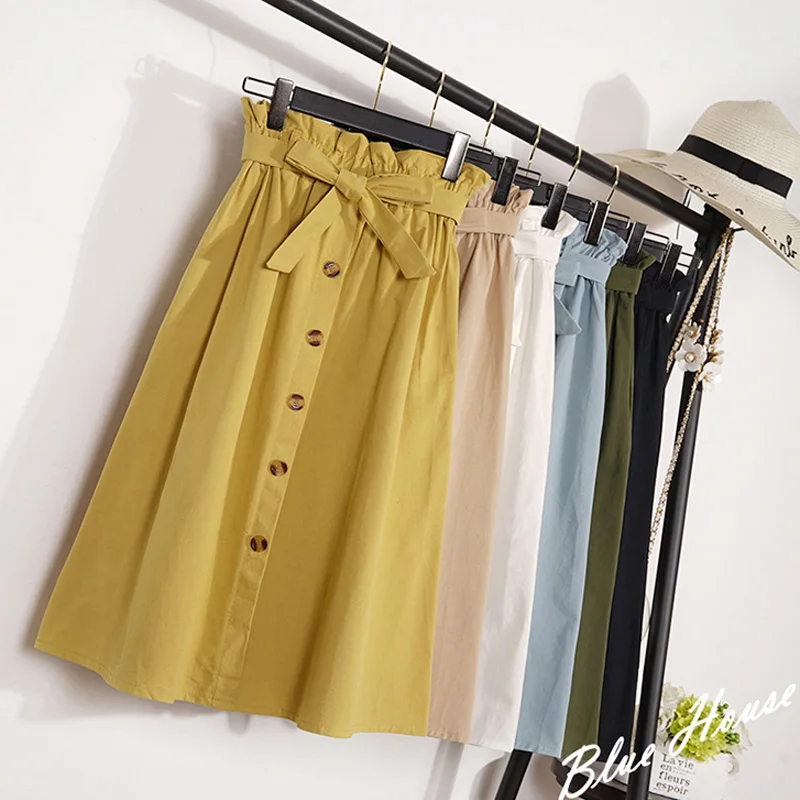 Summer Autumn Skirts Womens  Midi Knee Length Korean Elegant Button High Waist Skirt Female Pleated School Skirt