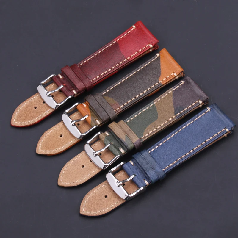 High Quality Cowhide Watchbands Women Men Camouflage Vintage Genuin Leagher Watch Band Strap 18mm 20mmm 22mm