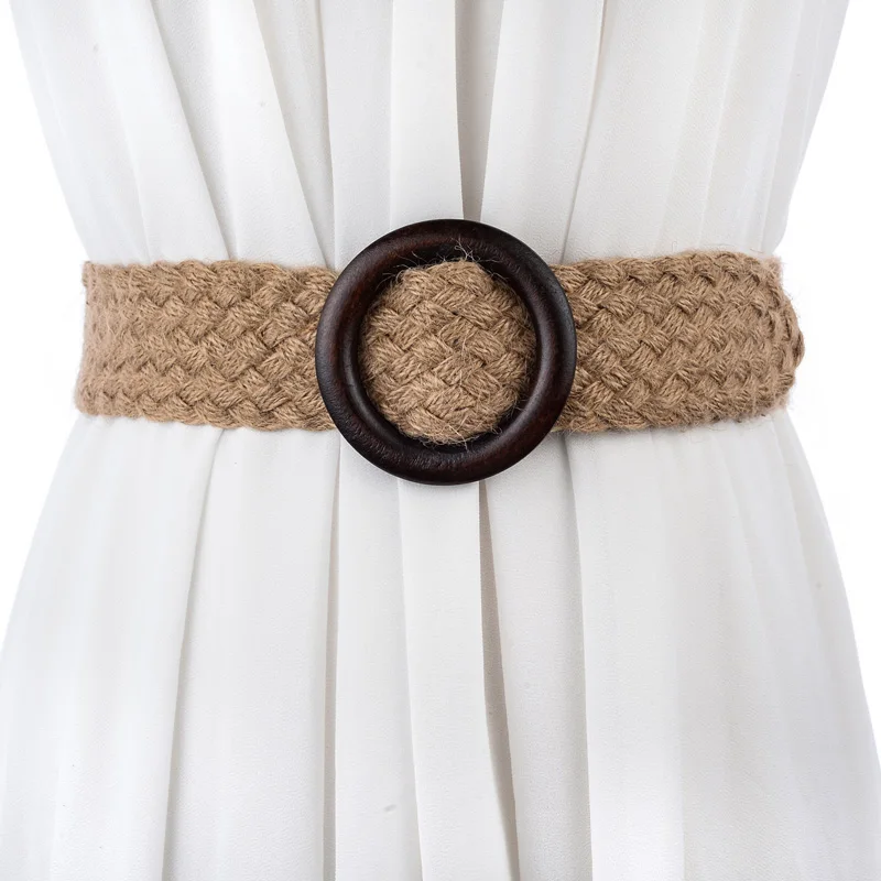 DKBLINGS Fashion Cotton and Hemp Wide Waist Seal Woven Sen with Skirt Belt Korean Wooden Buckle Decorative Belt 4.5CM wide