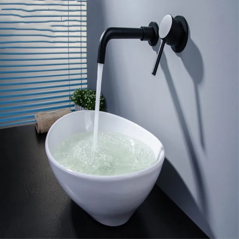 Matte Black Brass Wall Mounted Basin Faucet Single Handle Bathroom Mixer Tap Hot Cold Sink Faucet Rotation Spout