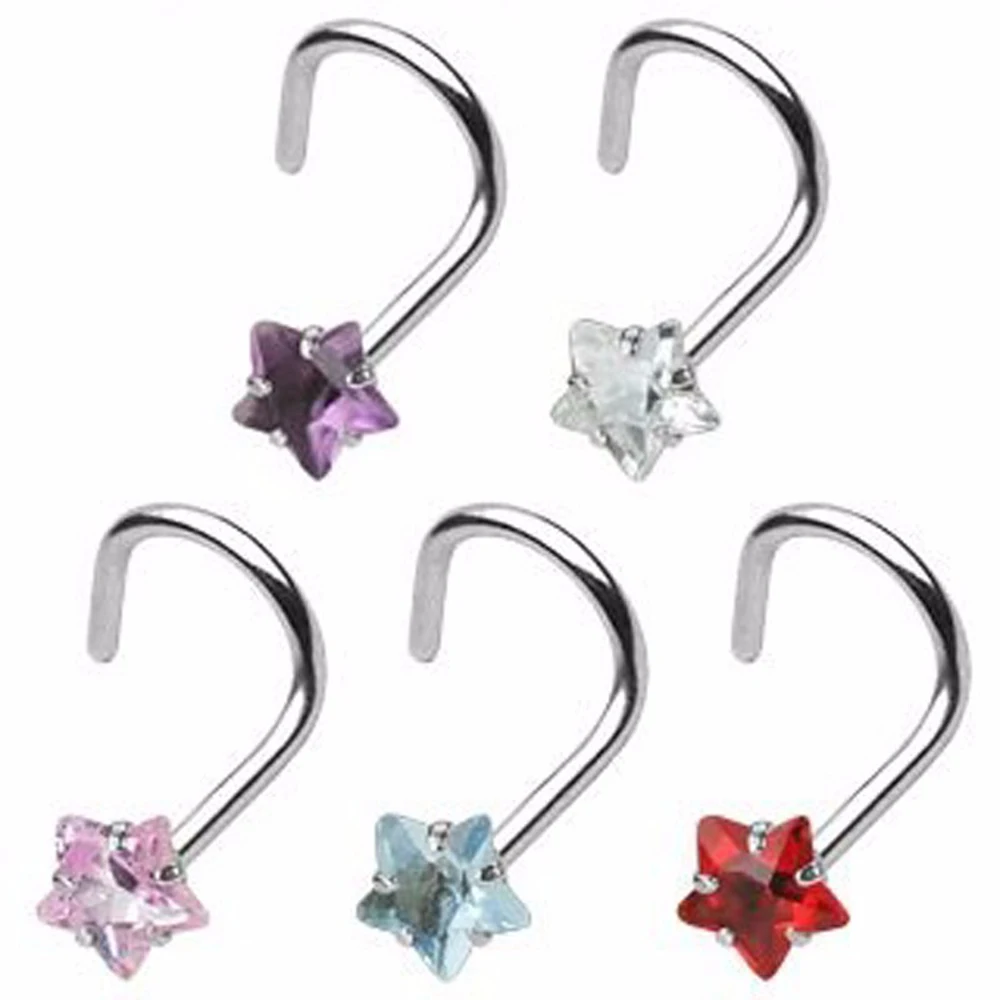 1Pcs Prong Set Zircon Nose Screw Rings Piercing Nose Studs Body Jewelry 20g Star&Heart&Square